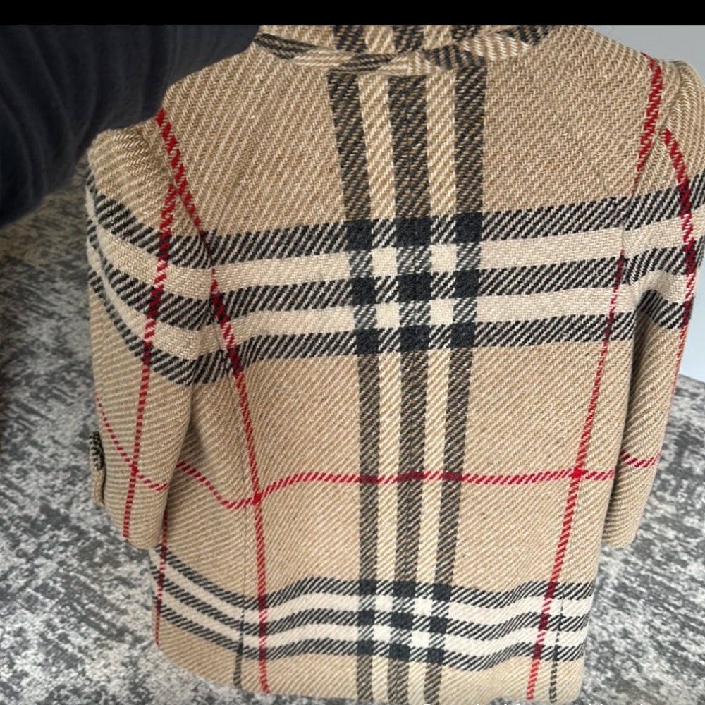 Burberry Beige Plaid Wool-Blend Button Coat with Red & Black Accents - Picture 2 of 2